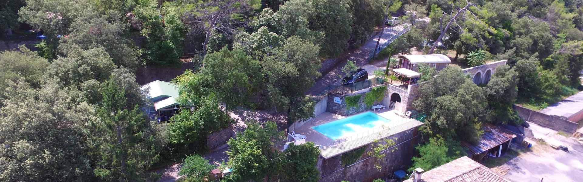 aerial view campsite with swimming pool of saint ambroix gard
